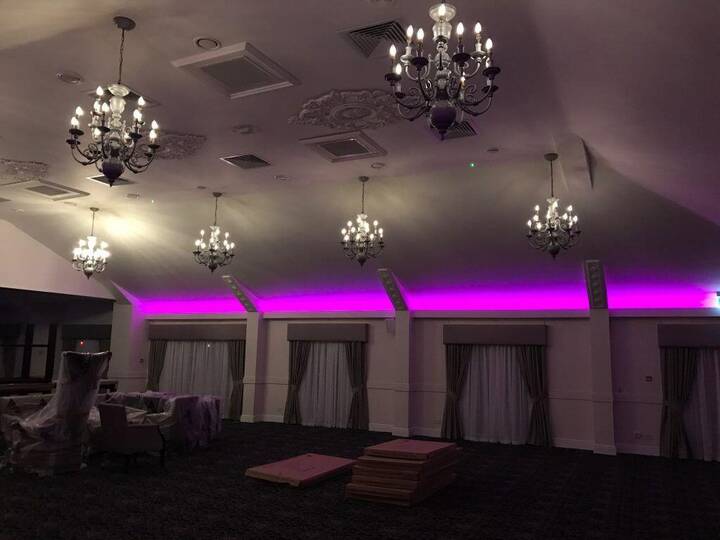 Hotel function room with dimmable LED chandeliers